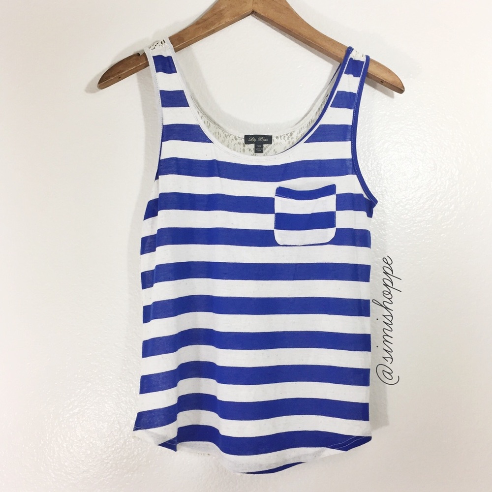 XS Blue White Striped Pocket Tank Crochet Detail